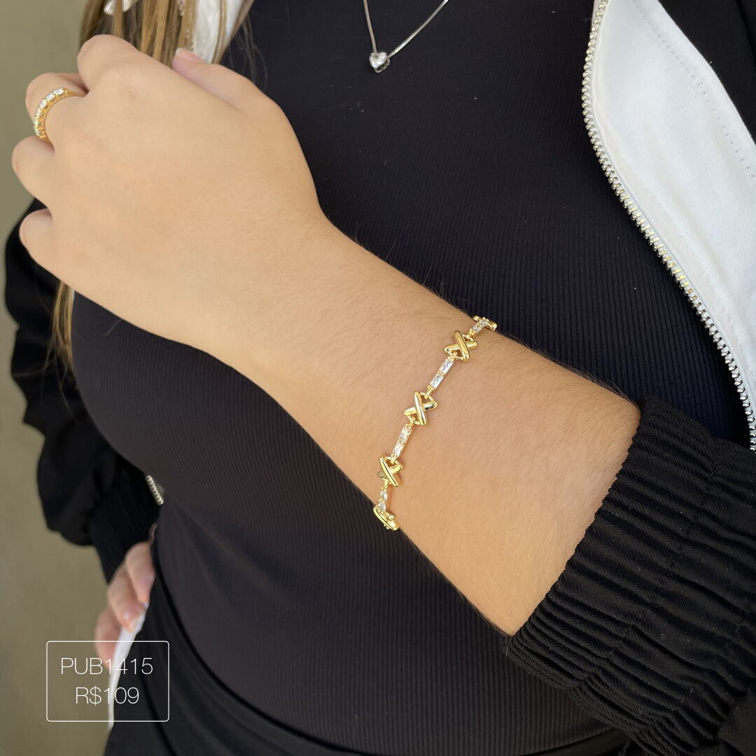 Pulseira Luxo Baguetes c/ X Cristal Dourada